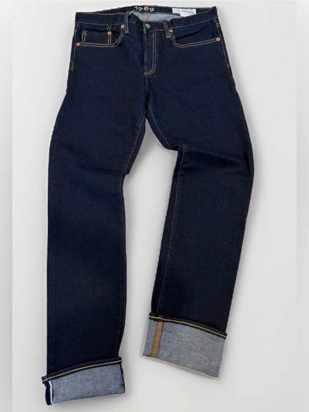 GAP 1969 Selvedge Jeans Dark Wash Raw Denim Size 33x32 Straight Leg Skinny